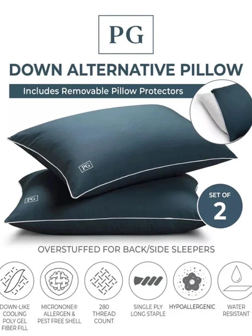 Pillow Guy Down Alternative Overstuffed 2-Pack Pillows, King-Navy/teal